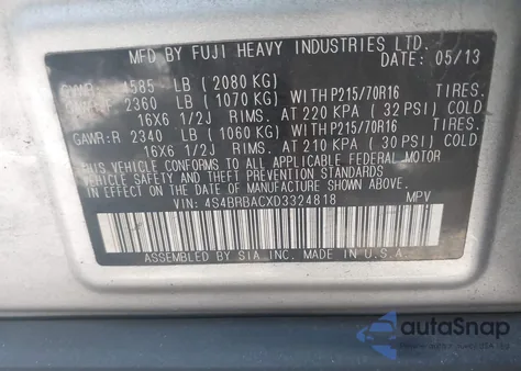 2013 Subaru Outback 2.5I z USA, uszkodzony, nr VIN 4S4BRBACXD3324818